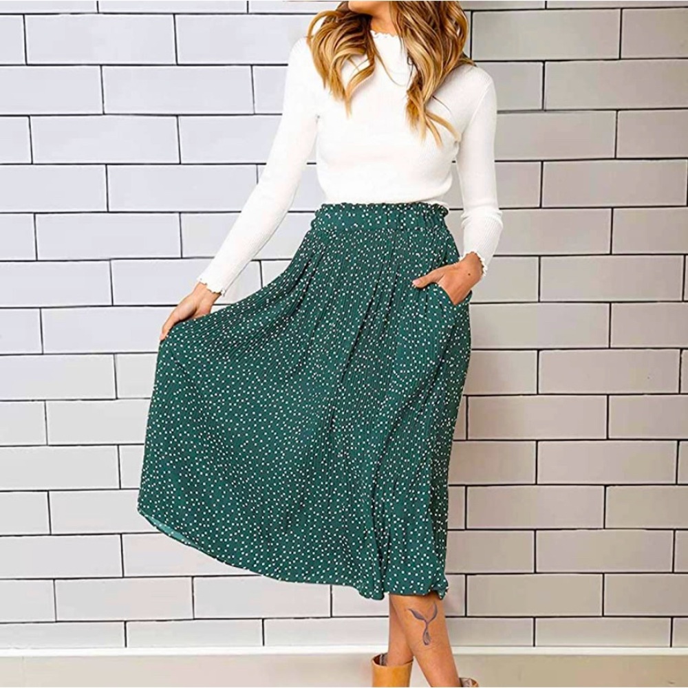 Exlura Womens High Waisted Polka Dot Skirt with Pockets